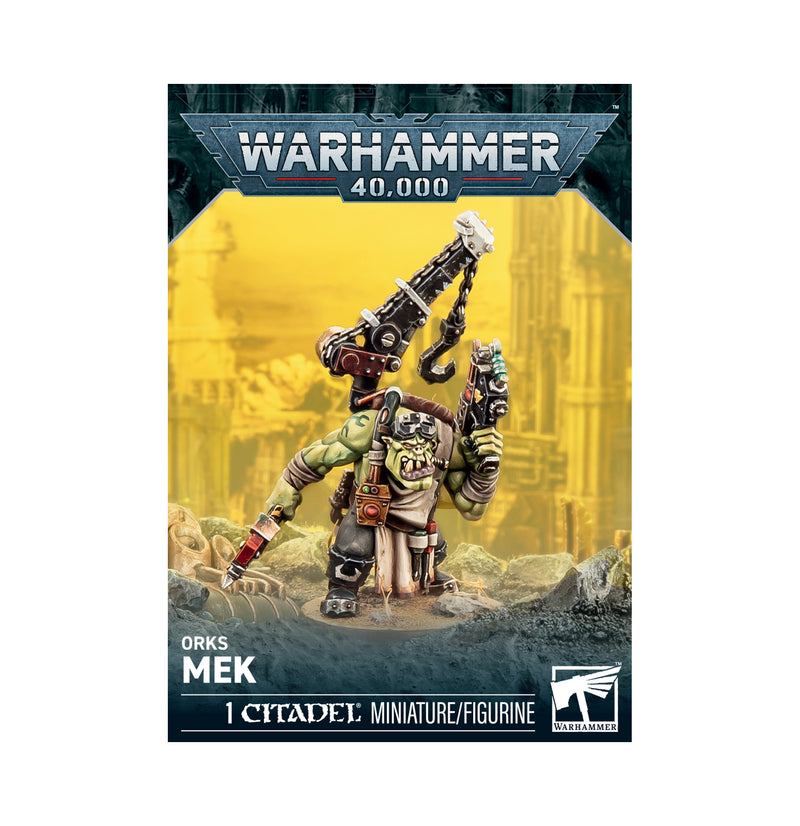 Box art for the Warhammer 40k: Orks - Mek by Games Workshop, showcasing a painted Ork Mek miniature equipped with mechanical gear and a prominent arm attachment, set against a sci-fi industrial backdrop.