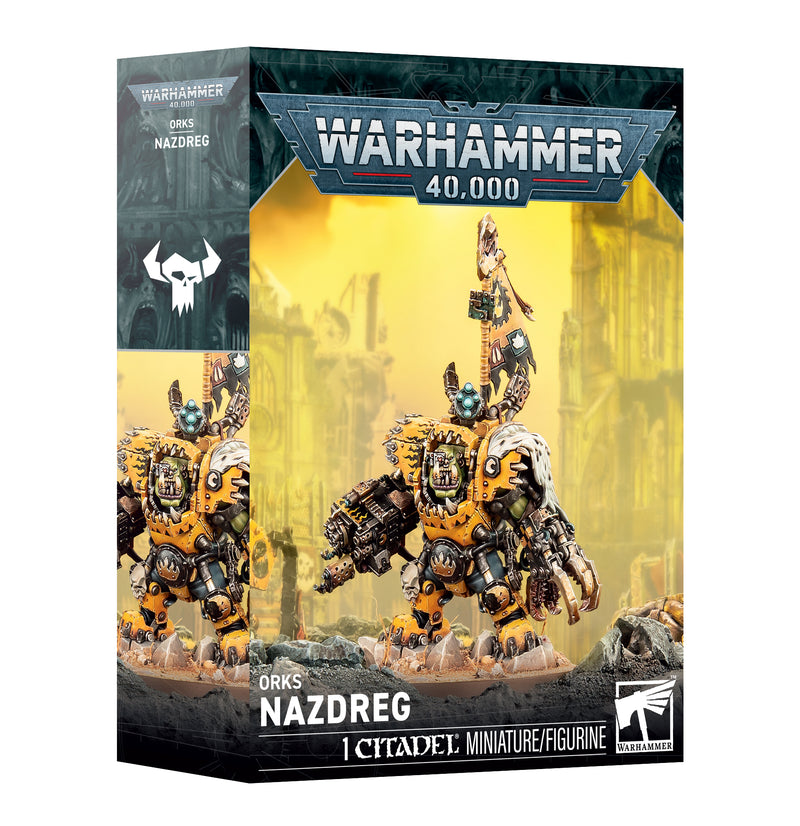 Warhammer 40k: Orks - Nazdreg features a painted ork miniature in yellow armor, wielding a weapon and set against a futuristic, industrial backdrop with prominent Warhammer branding.