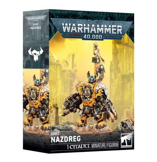 Warhammer 40k: Orks - Nazdreg features a painted ork miniature in yellow armor, wielding a weapon and set against a futuristic, industrial backdrop with prominent Warhammer branding.
