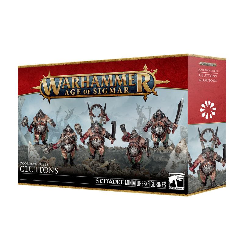 Warhammer Age of Sigmar: Ogor Mawtribes - Gluttons box set from Games Workshop features five ogre miniatures brandishing weapons, displayed on the front cover against a fantasy landscape backdrop. The set includes plastic components and Citadel 40mm Round Bases.