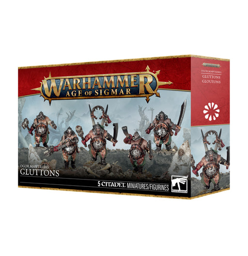 Warhammer Age of Sigmar: Ogor Mawtribes - Gluttons box set from Games Workshop features five ogre miniatures brandishing weapons, displayed on the front cover against a fantasy landscape backdrop. The set includes plastic components and Citadel 40mm Round Bases.