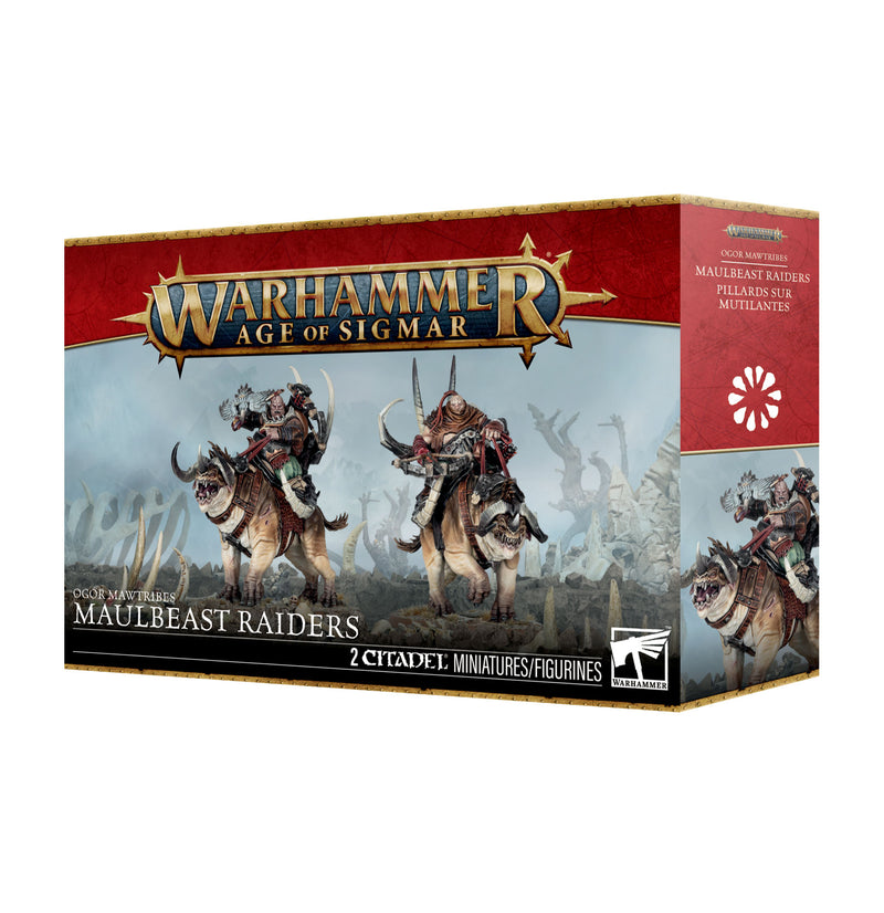 The Warhammer Age of Sigmar: Ogor Mawtribes - Maulbeast Raiders box set from Games Workshop features striking artwork of armored Ogor warriors riding massive beasts against a red and gold backdrop. Inside, the set includes two Citadel miniatures from the Maulbeast Cavalry.