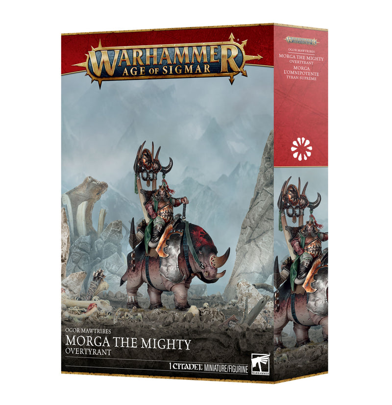 Warhammer Age of Sigmar: Ogor Mawtribes - Morga the Mighty features Games Workshop’s Morga the Mighty Overtyrant miniature mounted on a formidable armored beast, titled Tyrant on Glutthorn, set against a dramatic backdrop of rocky terrain and mountains. Includes Citadel Oval Base.