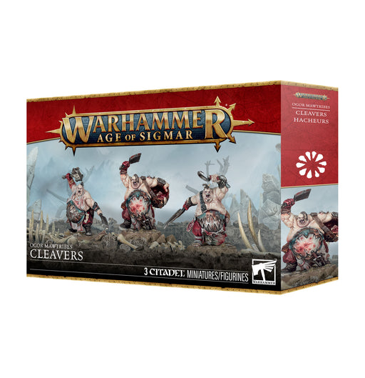 Warhammer Age of Sigmar: Ogor Mawtribes - Cleavers box featuring three painted ogre miniatures wielding weapons, made from plastic components and displayed on Citadel 40mm Round Bases, set against a rocky battlefield background.