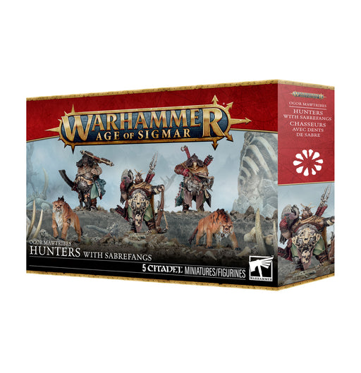 Warhammer Age of Sigmar: Ogor Mawtribes - Hunters with Sabrefangs features miniatures depicting armored warriors and their imposing sabretooth cat companions set against a misty landscape in the artwork. This Games Workshop set includes plastic components and Citadel bases.