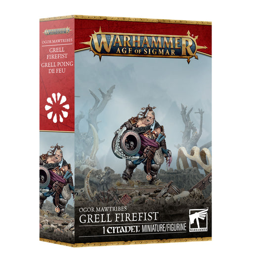 Warhammer Age of Sigmar: Ogor Mawtribes - Grell Firefist box features dynamic artwork depicting a detailed ogre warrior wielding a weapon and shield in a rugged landscape strewn with debris and shattered arms. This set by Games Workshop includes plastic components designed for assembly on a Citadel 50mm Round Base.