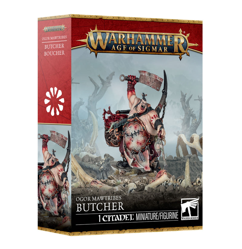 Warhammer Age of Sigmar: Ogor Mawtribes - Butcher by Games Workshop, featuring box art with a painted miniature holding a cleaver amid bones and skulls. Includes plastic components and a Citadel 50mm Round Base.