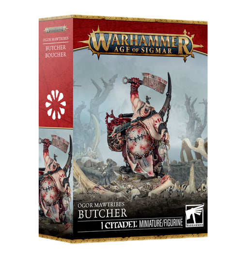 Warhammer Age of Sigmar: Ogor Mawtribes - Butcher by Games Workshop, featuring box art with a painted miniature holding a cleaver amid bones and skulls. Includes plastic components and a Citadel 50mm Round Base.