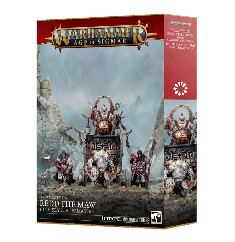 Warhammer Age of Sigmar: Ogor Mawtribes – Redd the Maw box, showcasing plastic ogre miniatures displayed on rocky terrain and presented in red-themed packaging. This set by Games Workshop includes components intended for assembly and use with a Citadel 160mm Round Base.