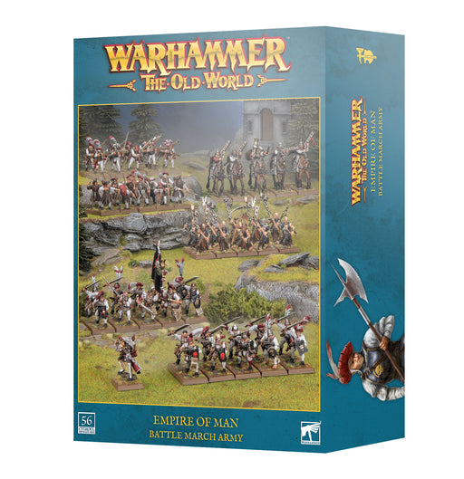 The Warhammer The Old World: Battle March Army - Empire of Man box by Games Workshop features painted Empire of Man miniatures and showcases a detailed battlefield on its packaging.
