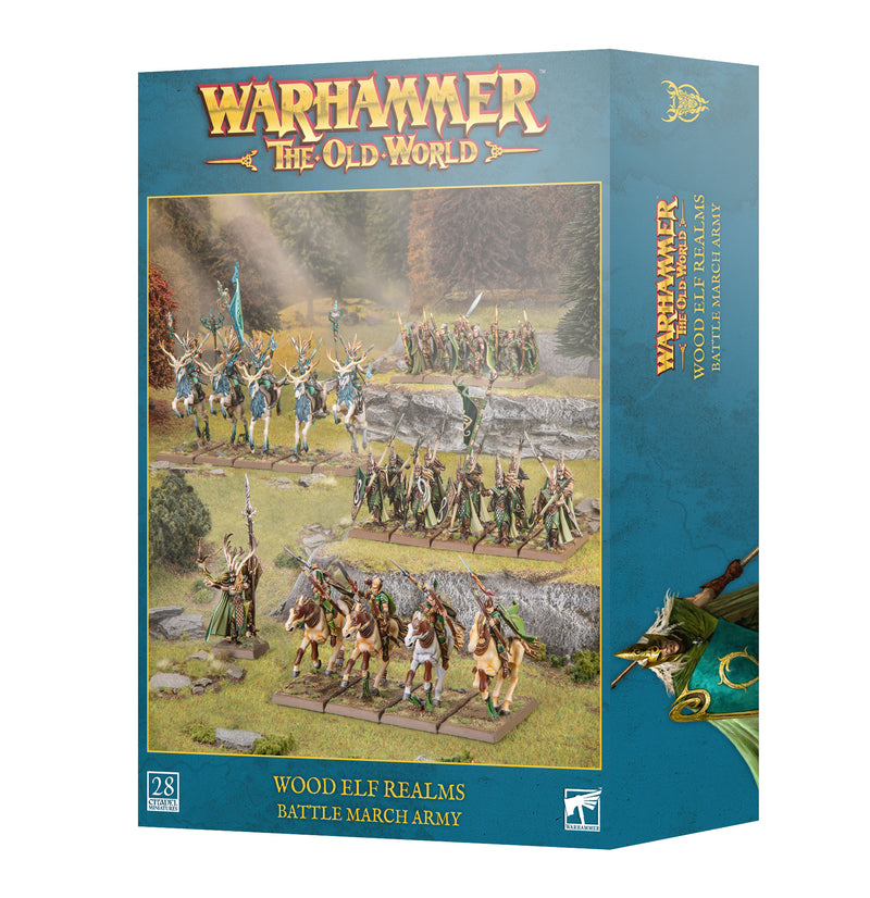Warhammer The Old World: Battle March Army - Wood Elf Realms features 28 intricately detailed miniatures depicting Wood Elf warriors and creatures, marching through a forest scene as shown on the box art. Produced by Games Workshop, this set showcases painted elf miniatures in an evocative woodland setting.