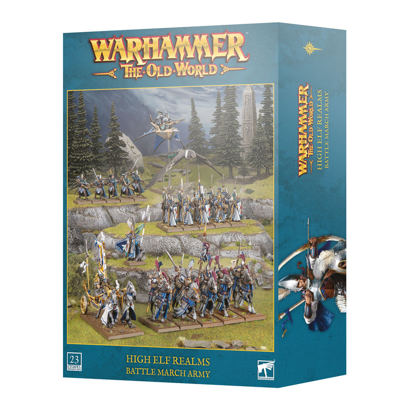 Warhammer The Old World: Battle March Army - High Elf Realms, a set from Games Workshop featuring painted miniatures—including Lothern Sea Guard—with weapons, armor, and a chariot, showcased in an evocative forest and mountain setting.