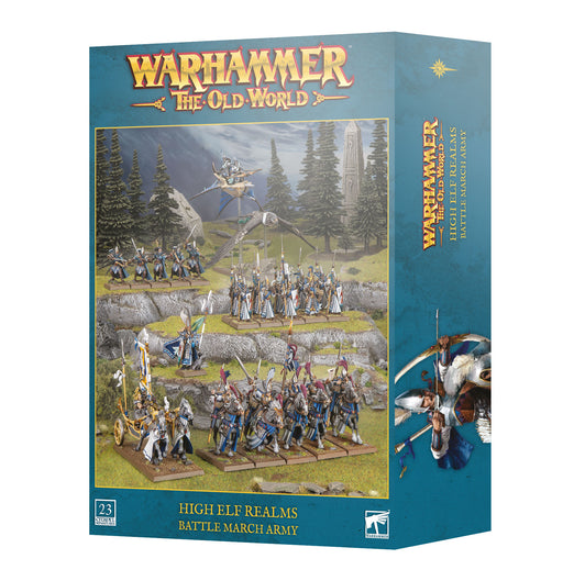 Warhammer The Old World: Battle March Army - High Elf Realms, a set from Games Workshop featuring painted miniatures—including Lothern Sea Guard—with weapons, armor, and a chariot, showcased in an evocative forest and mountain setting.