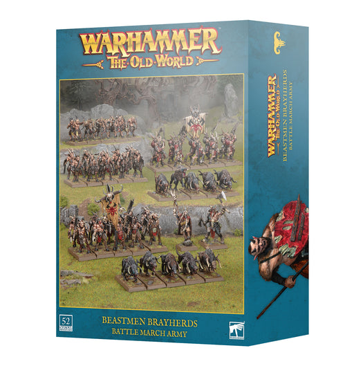 Warhammer The Old World: Battle March Army - Beastmen Brayherds box, showcasing painted miniatures from Games Workshop arranged in ranks on a grassy battlefield backdrop.
