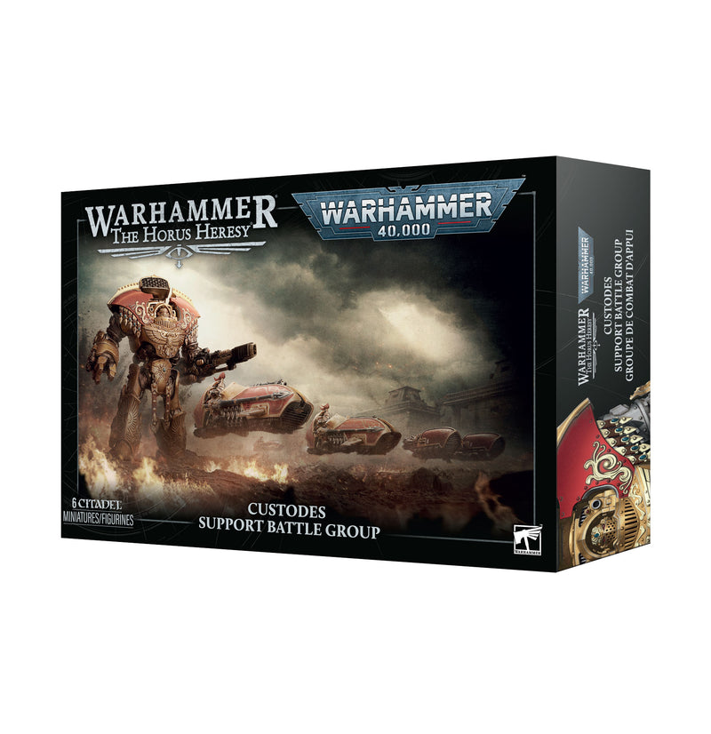 Horus Heresy: Legio Custodes - Support Battle Group box set, showcasing Adeptus Custodes miniatures from the Support Battle Group. The packaging features striking artwork of futuristic armored warriors and tanks, with a predominantly black design accented by gold and red, emphasizing the elite Legio Custodes in the epic Horus Heresy era.