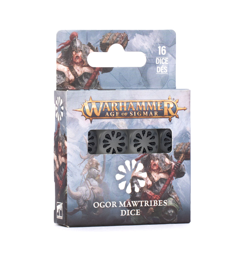 A box of Warhammer Age of Sigmar: Ogor Mawtribes - Dice (2026), displaying three black and white dice through a window, with packaging that showcases fantasy artwork depicting ogor warriors.