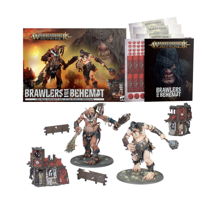 Warhammer Age of Sigmar: Sons of Behemat - Brawlers of Behemat box set displayed on a white background, featuring the game box, rulebooks, cards, tokens, two painted Mega-Gargant miniatures, a smaller figure, and assorted miniature terrain pieces.