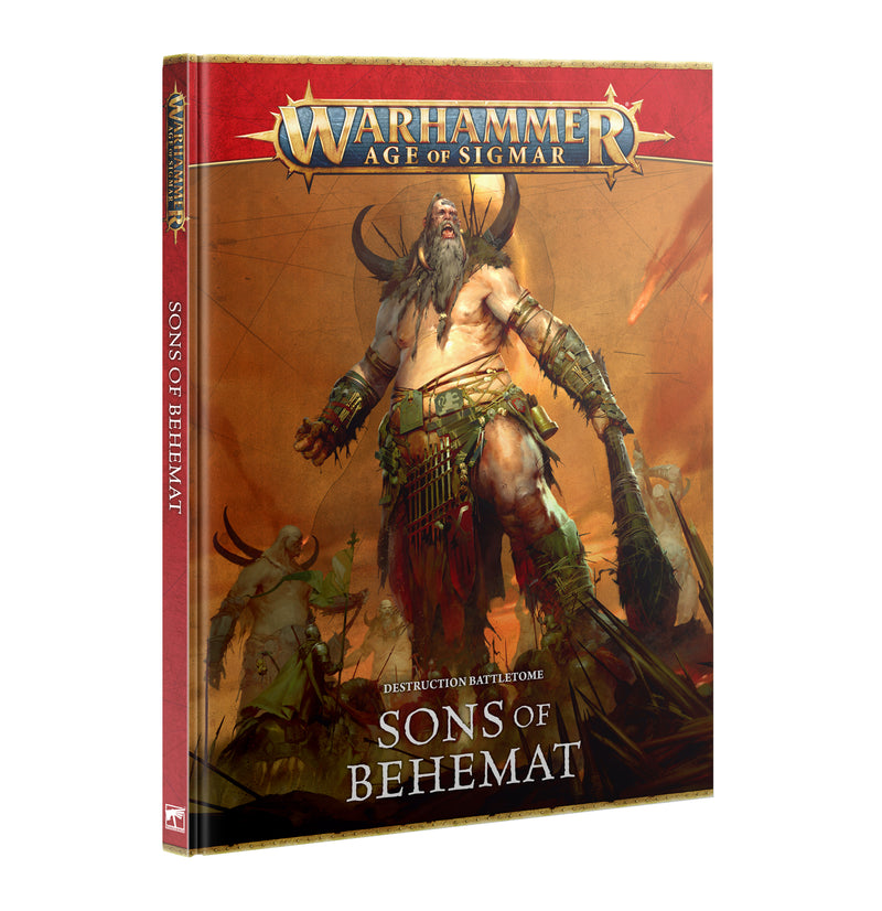 The cover of the Warhammer Age of Sigmar: Sons of Behemat - Battletome (2026) showcases a towering giant warrior wielding an enormous club, wearing scant armor, set against a vivid, fiery battlefield scene with other figures in the background.