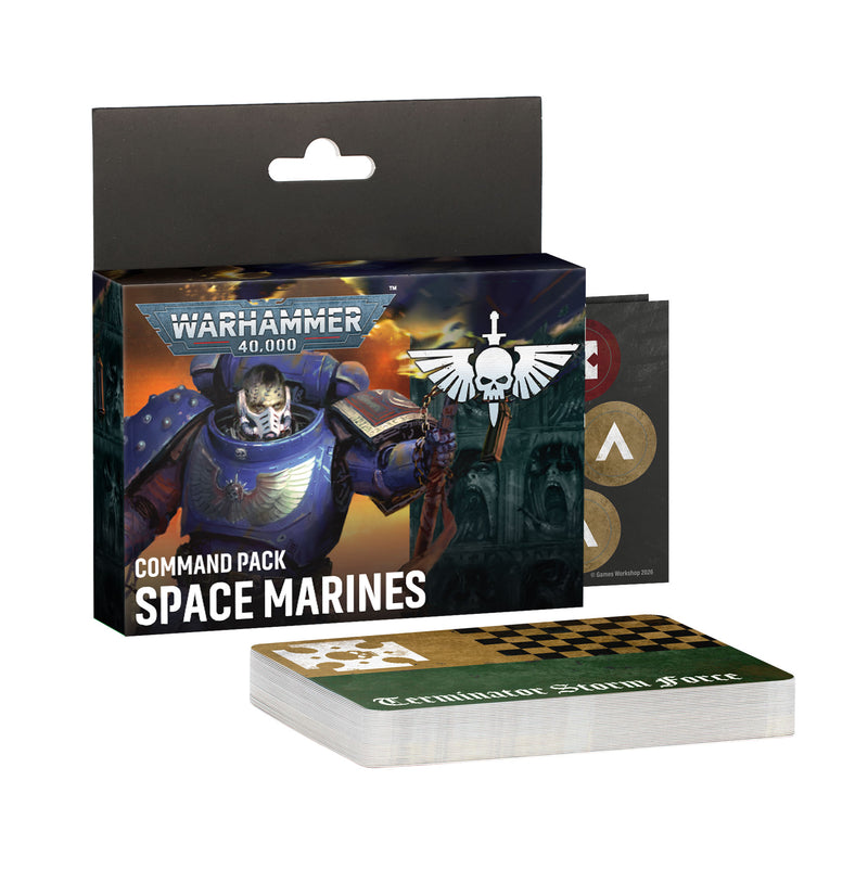 The Warhammer 40k: Space Marines - Command Pack is shown with its box, symbol-adorned cards, and round tokens, all arranged on a plain white background.
