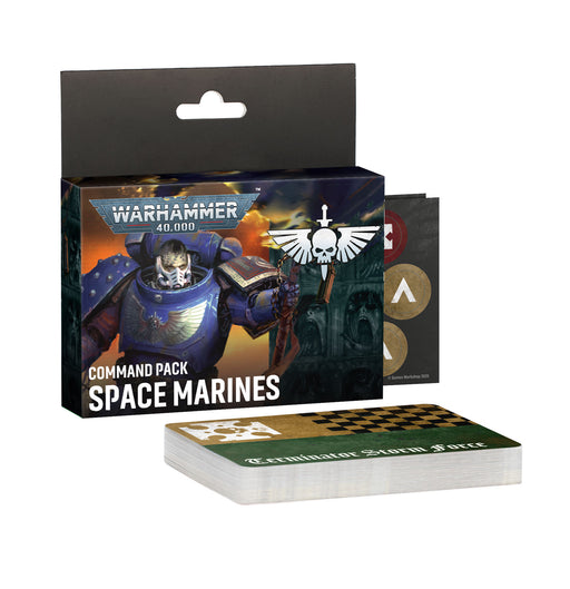 The Warhammer 40k: Space Marines - Command Pack is shown with its box, symbol-adorned cards, and round tokens, all arranged on a plain white background.