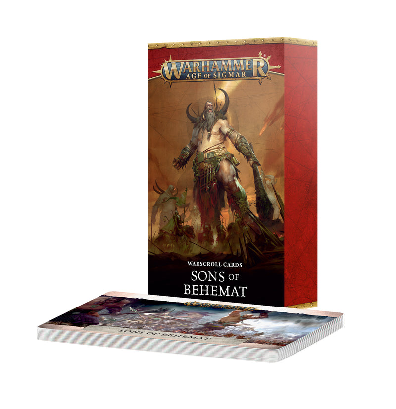 A box of Warhammer Age of Sigmar: Sons of Behemat Warscroll Cards (2026), featuring a giant warrior on the cover with a stack of cards in front.