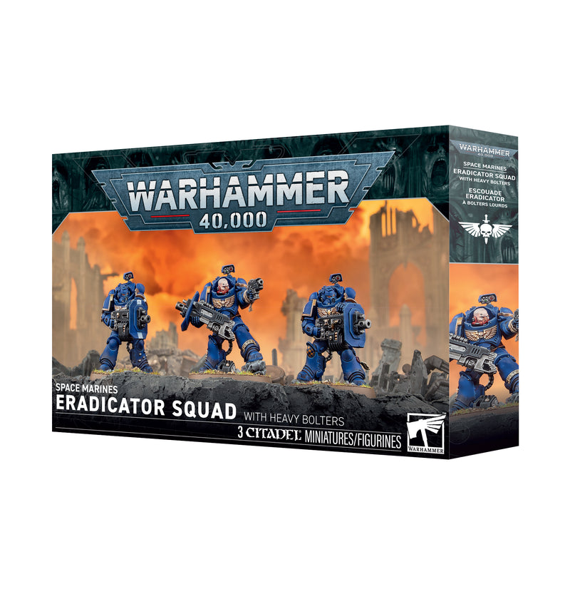 Warhammer 40k: Space Marines - Eradicator Squad with Heavy Bolters box featuring three intricately detailed Space Marines in blue armor, each equipped with heavy bolters and posed on a dramatic, ruined battlefield.