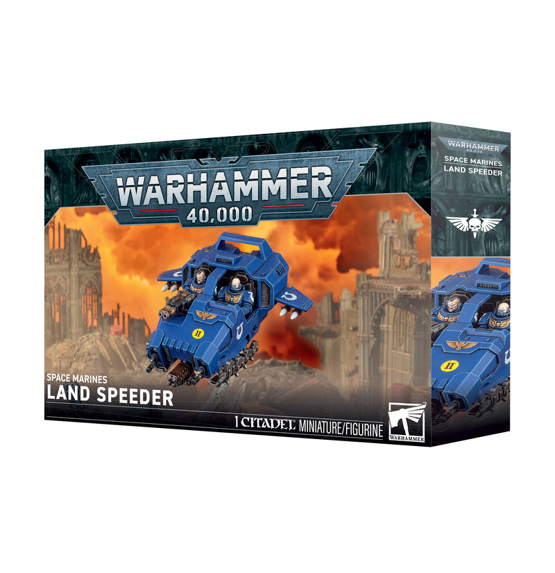 Warhammer 40k: Space Marines - Land Speeder miniature kit, showcasing artwork of a blue Land Speeder soaring above a ruined city backdrop.