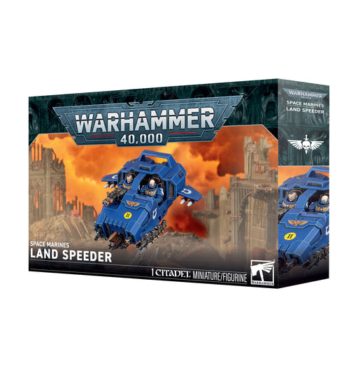 Warhammer 40k: Space Marines - Land Speeder miniature kit, showcasing artwork of a blue Land Speeder soaring above a ruined city backdrop.