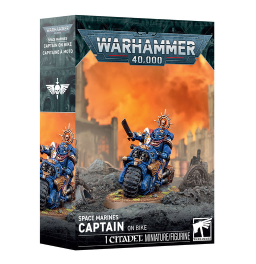 Warhammer 40k: Space Marines - Captain on Bike miniature kit box, showcasing the fully painted Captain on Bike model speeding across a blazing battlefield backdrop. The packaging displays official branding, product name, and logos.