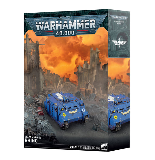 Warhammer 40k: Space Marines - Rhino model kit by Games Workshop, featuring artwork of a blue armored vehicle set against a war-torn city backdrop with fiery orange skies.