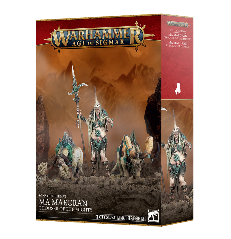Warhammer Age of Sigmar: Sons of Behemat - Ma Maegran Chooser of the Mighty by Games Workshop. The box displays three armored fantasy miniatures—including a towering giant and fearsome beasts—set against a rugged, orange-brown mountainous background.