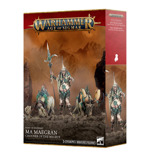 Warhammer Age of Sigmar: Sons of Behemat - Ma Maegran Chooser of the Mighty by Games Workshop. The box displays three armored fantasy miniatures—including a towering giant and fearsome beasts—set against a rugged, orange-brown mountainous background.