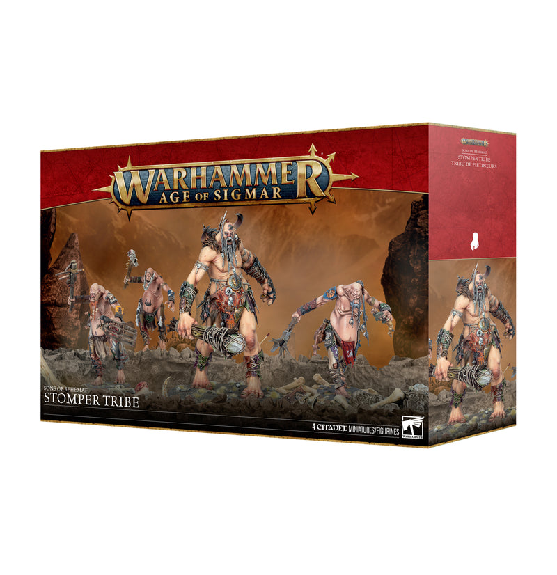 Warhammer Age of Sigmar: Sons of Behemat - Army of Renown: Stomper Tribe box, showcasing large, muscular Mancrusher Gargants from the Stomper Tribe set against a rocky, mountainous backdrop.