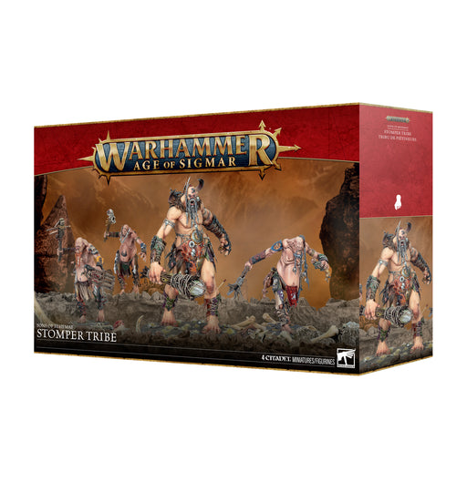 Warhammer Age of Sigmar: Sons of Behemat - Army of Renown: Stomper Tribe box, showcasing large, muscular Mancrusher Gargants from the Stomper Tribe set against a rocky, mountainous backdrop.