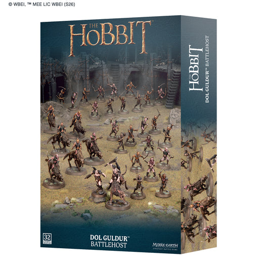 LOTR: Middle Earth Strategy Game: Dol Guldur Battlehost features 32 miniatures, including Hunter Orcs and other fantasy figures in dynamic battle poses for your Middle Earth tabletop adventures. The box showcases these painted models arranged on a themed terrain diorama.