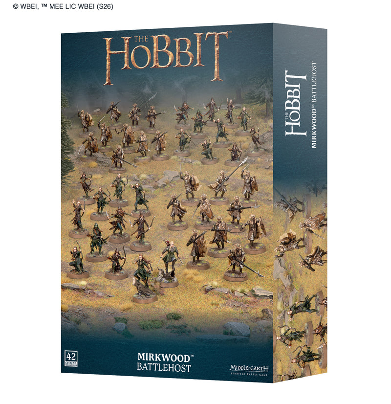 LOTR: Middle Earth Strategy Game: Mirkwood Battlehost box, featuring painted elf miniatures arranged for battle on grassy terrain with 42 Lord of the Rings figures displayed on the front, designed for use in the Middle Earth Strategy Game.