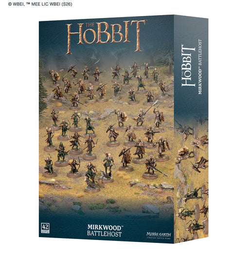 LOTR: Middle Earth Strategy Game: Mirkwood Battlehost box, featuring painted elf miniatures arranged for battle on grassy terrain with 42 Lord of the Rings figures displayed on the front, designed for use in the Middle Earth Strategy Game.
