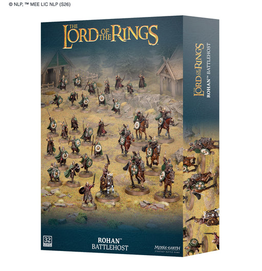 LOTR: Middle Earth Strategy Game: Rohan Battlehost box, showcasing painted Rohan miniatures—warriors and horses—arrayed on a grassy battlefield with huts in the background.