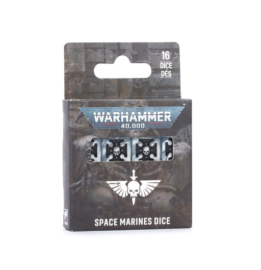 Introducing the Warhammer 40k: Space Marines - Dice set, featuring 16 uniquely designed Space Marines dice with distinctive skull motifs. Packaged in sleek black packaging adorned with both the Warhammer and Space Marines logos, this set is an ideal addition for any Games Workshop enthusiast.