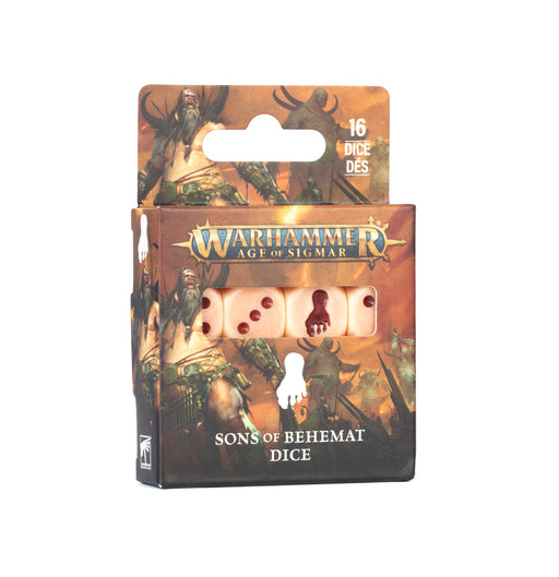 Warhammer Age of Sigmar: Sons of Behemat - Dice—this set features three intricately designed dice with unique symbols and comes in packaging illustrated with mighty giant warriors in the background, making it an ideal accessory to enhance your games or pair with Warscroll Cards.