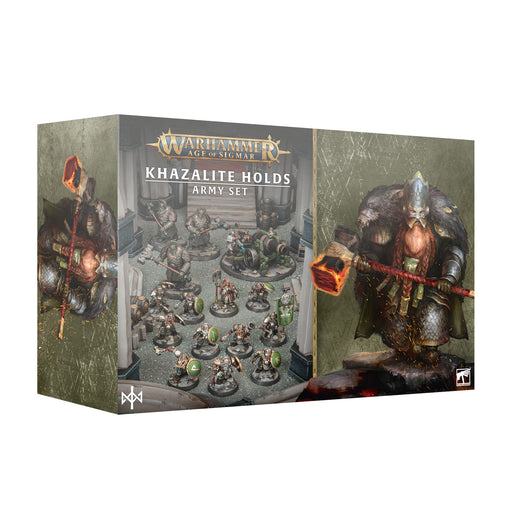 Warhammer Age of Sigmar: Khazalite Holds - Army Set box featuring Warhammer miniatures of armored dwarf warriors and a large hammer-wielding character on the packaging.