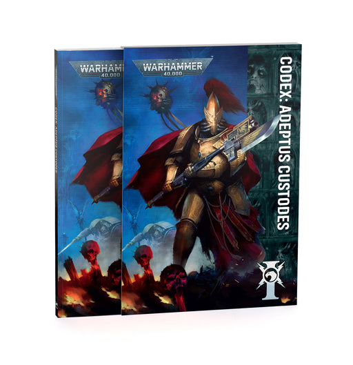 Two Warhammer 40k: Adeptus Custodes - Codex (2026) books feature armored warriors with swords, red capes, and helmets among skulls and blue light on the cover.
