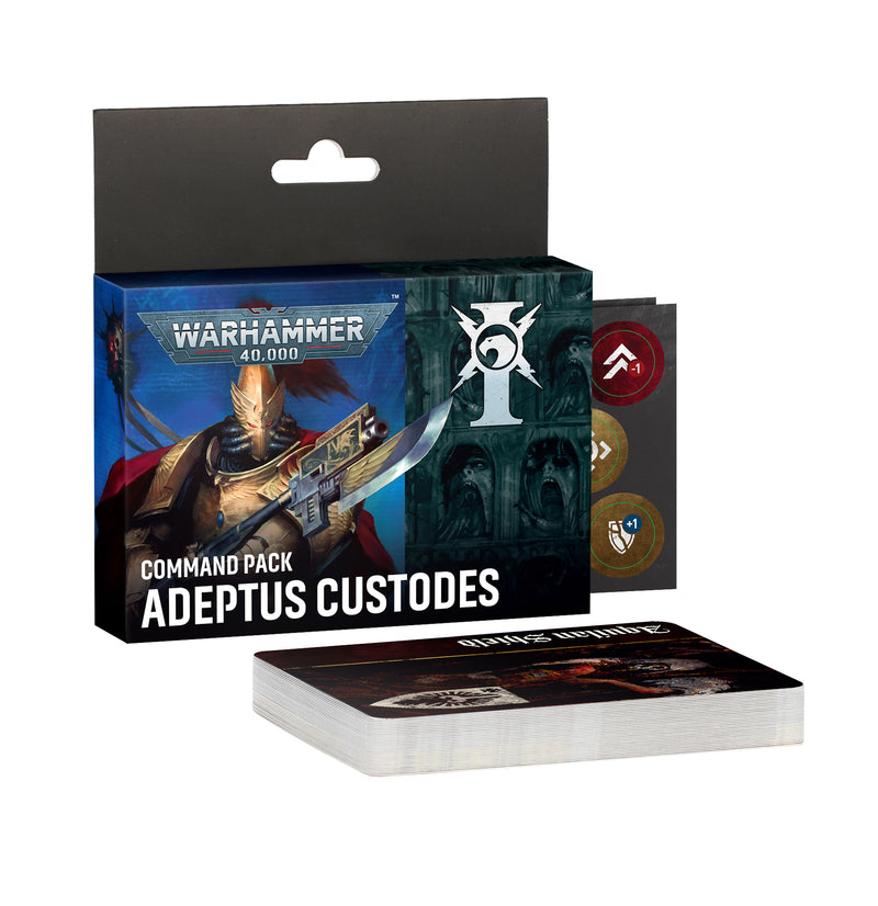 Warhammer 40k: Adeptus Custodes - Command Pack, featuring cards and tokens displayed next to sci-fi artwork of an armored warrior with a weapon.