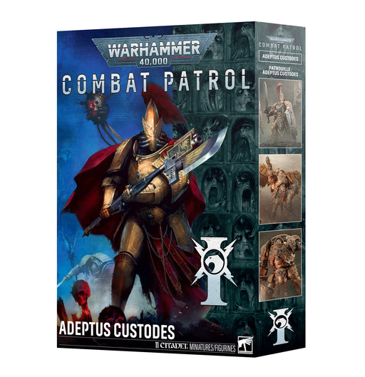 Warhammer 40k: Adeptus Custodes - Combat Patrol (2026) box features sci-fi warriors in golden armor, the official logo, and vivid images of assembled miniatures on the side.