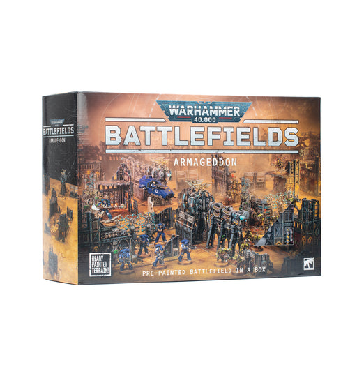 Product box for Warhammer 40k: Battlefields - Armageddon (Pre-Painted) featuring painted miniature soldiers amidst modular Manufactorum ruins on a desert landscape, complete with Terrain Objective Markers.