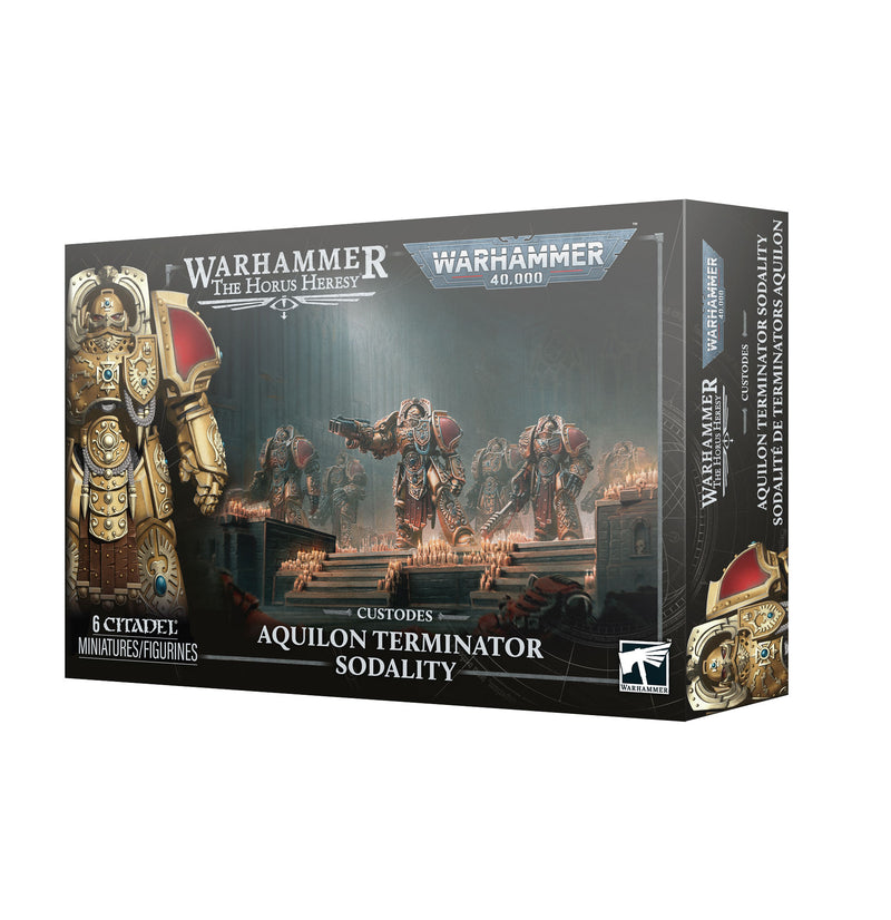 Box of Warhammer 40k / Horus Heresy: Custodes - Aquilon Terminator Sodality miniatures. Packaging shows six gold-armored figures with weapons, labeled AQUILON TERMINATOR SODALITY.