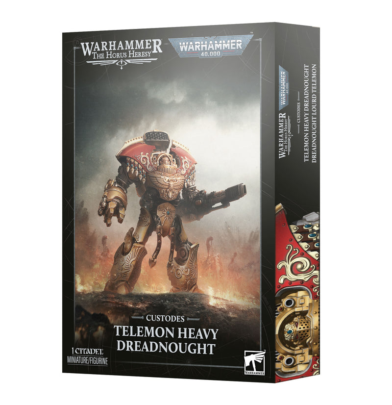 Box of Warhammer 40k / Horus Heresy: Custodes - Telemon Heavy Dreadnought, featuring artwork of the ornate armored mech in a smoky, battle-scarred setting with gold and red details.