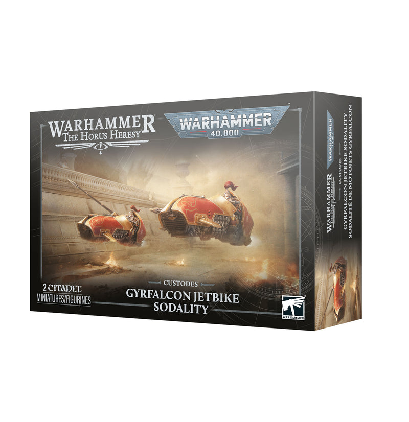 Box of Warhammer 40k / Horus Heresy: Custodes - Gyrfalcon Jetbike Sodality miniatures, featuring two armored warriors riding red jetbikes soaring through a grand hall.