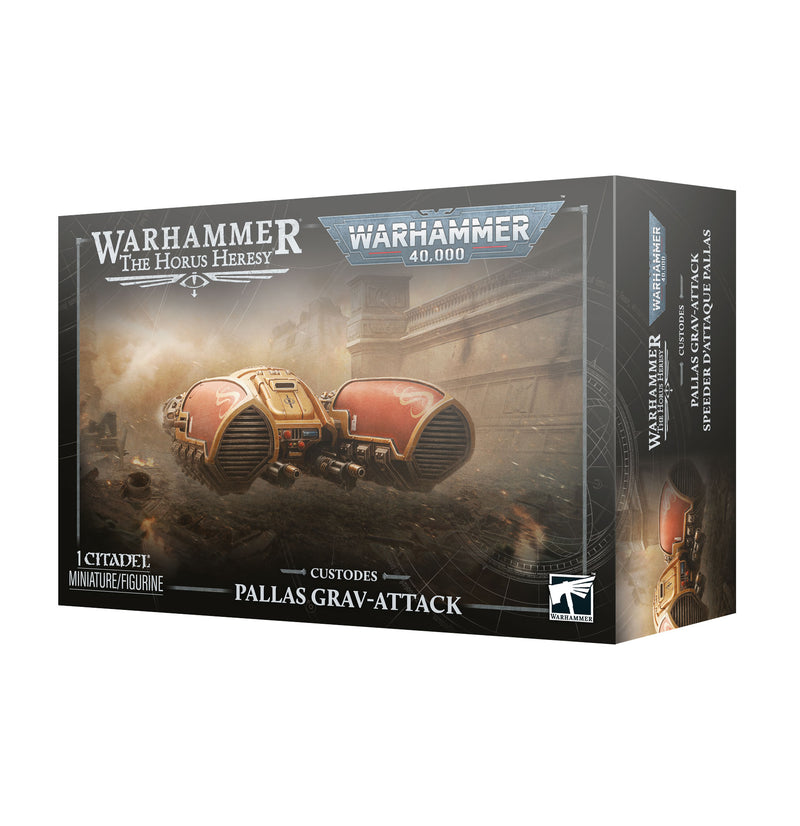 Warhammer 40k / Horus Heresy: Custodes - Pallas Grav-Attack model kit, showcasing a red armored flying vehicle with twin engines amid a war-torn landscape.