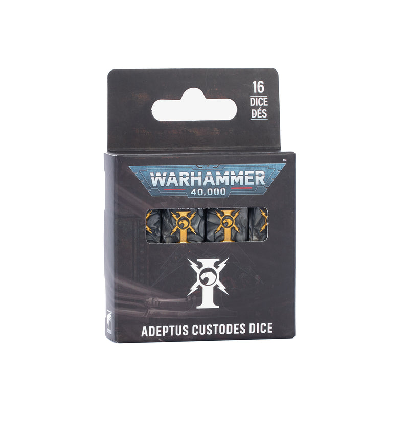 A box of Warhammer 40k: Adeptus Custodes - Dice includes 16 black and gold dice, visible through a small window on the front of the packaging.